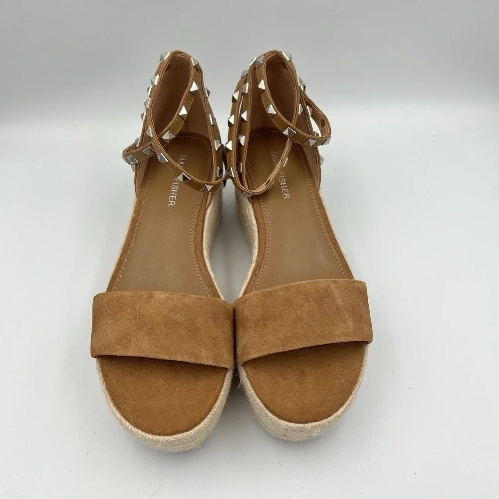 Marc Fisher Jazlyn Espadrille Wedge Sandals Studded Brown Tan Suede Women's 7M